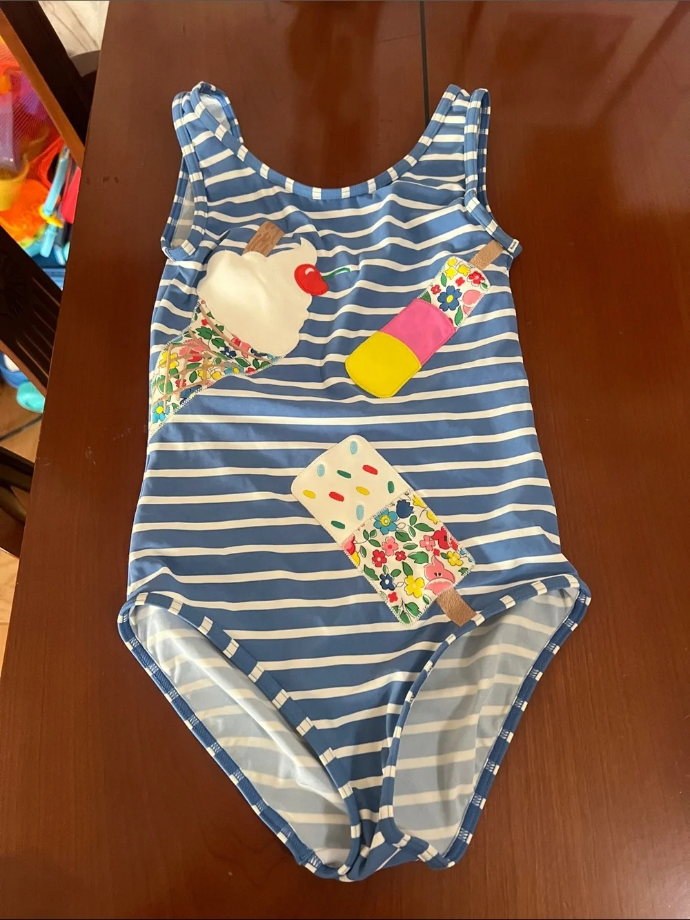 Mini Boden Swimsuit. Sz 7-8 years. Ice cream appliqué.